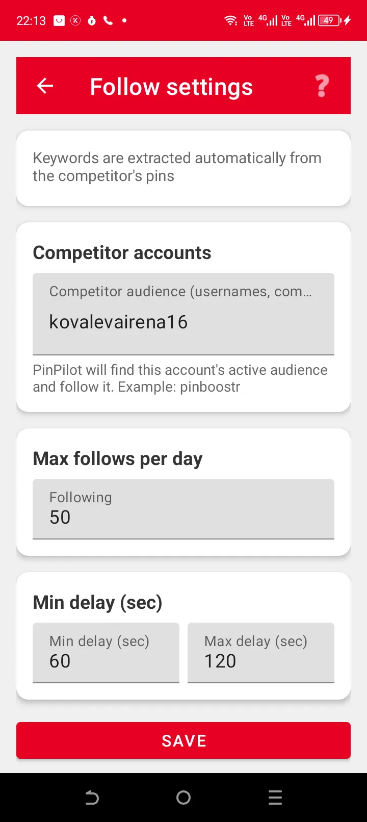 Ajustes de follows automáticos en PinPilot — seguir audiencia y buscar por palabras clave para crecer en Pinterest